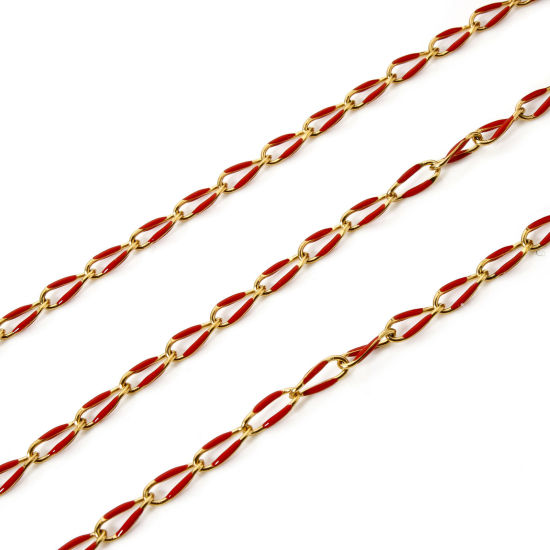 Picture of 1 M Eco-friendly 201 Stainless Steel Enamel Curb Link Chain For Handmade DIY Jewelry Making Findings Gold Plated Red 9x4mm