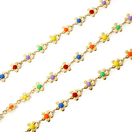 Imagen de 1 M Hipoalergénico 201 Acero Inoxidable Colección Flora Cadena de Eslabones Hechos a Mano Para Accesorios Hechos a Mano para Hacer Joyas Flor Chapado en Oro Multicolor Esmalte 6mm