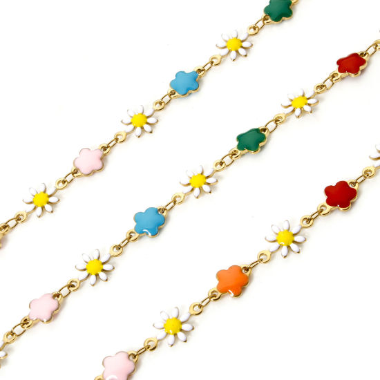 Imagen de 1 M Hipoalergénico 201 Acero Inoxidable Colección Flora Cadena de Eslabones Hechos a Mano Para Accesorios Hechos a Mano para Hacer Joyas Flor de la margarita Chapado en Oro Multicolor Esmalte 7.5mm