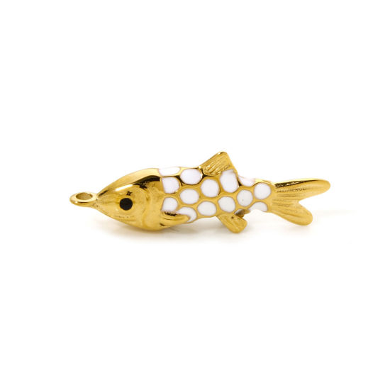 Picture of 1 Piece Eco-friendly PVD Vacuum Plating 304 Stainless Steel Ocean Jewelry Pendants 14K Real Gold Plated White Fish Animal Enamel 3.7cm x 1.2cm