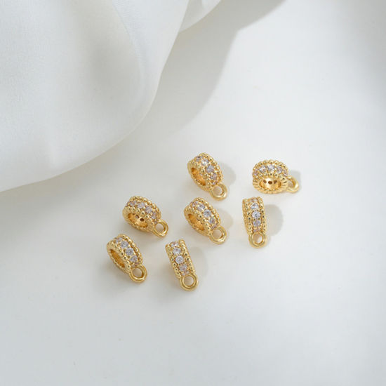 Imagen de 2 Unidades Respetuoso del Medio Ambiente Latón Cuentas de Fianza con Lazo para Accesorios de Fabricación de Joyas de Bricolaje Plano Redondo 14K Oro Real Chapado Micro Pave Claro Circón Artificial 7mm x 4mm