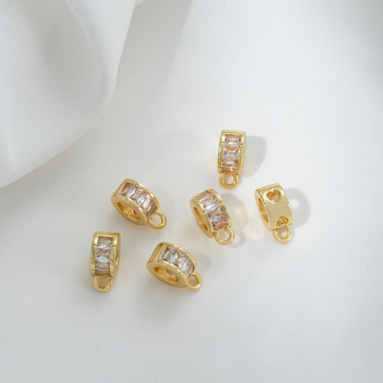 Imagen de 2 Unidades Respetuoso del Medio Ambiente Latón Cuentas de Fianza con Lazo para Accesorios de Fabricación de Joyas de Bricolaje Plano Redondo 14K Oro Real Chapado Claro Circón Artificial 8mm x 4.5mm