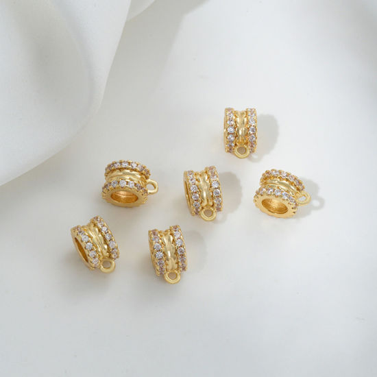 Imagen de 2 Unidades Respetuoso del Medio Ambiente Latón Cuentas de Fianza con Lazo para Accesorios de Fabricación de Joyas de Bricolaje Plano Redondo 14K Oro Real Chapado Micro Pave Claro Circón Artificial 8mm x 6mm