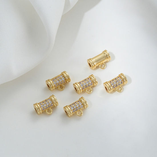 Imagen de 2 Unidades Respetuoso del Medio Ambiente Latón Cuentas de Fianza con Lazo para Accesorios de Fabricación de Joyas de Bricolaje Cilíndrico 14K Oro Real Chapado Micro Pave Claro Circón Artificial 10.5mm x 5mm