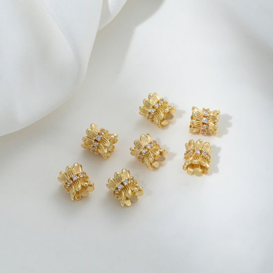 Imagen de 2 Unidades Respetuoso del Medio Ambiente Latón Cuentas de Fianza con Lazo para Accesorios de Fabricación de Joyas de Bricolaje Barril 14K Oro Real Chapado Micro Pave Claro Circón Artificial 8.5mm x 8mm