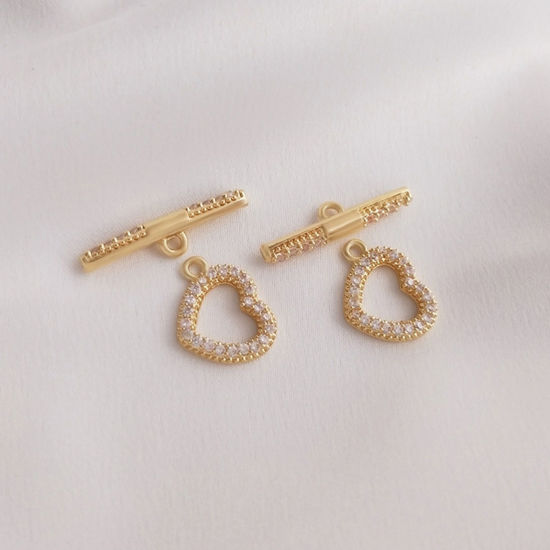 Imagen de 1 Juego Respetuoso del Medio Ambiente Latón Cierres de Palanca Corazón 14K Oro Real Chapado Micro Pave Claro Circón Artificial 20.7mm x 12mm