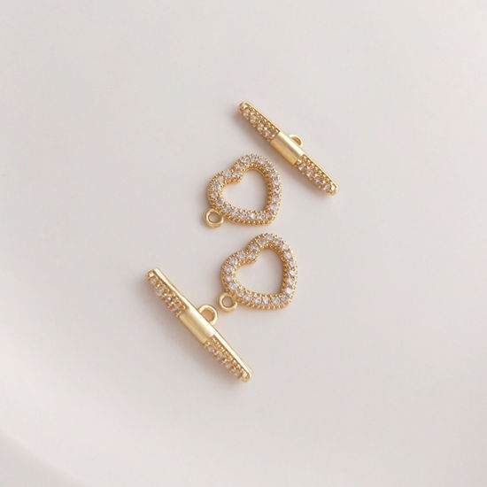 Imagen de 1 Juego Respetuoso del Medio Ambiente Latón Cierres de Palanca Corazón 14K Oro Real Chapado Micro Pave Claro Circón Artificial 20.7mm x 12mm