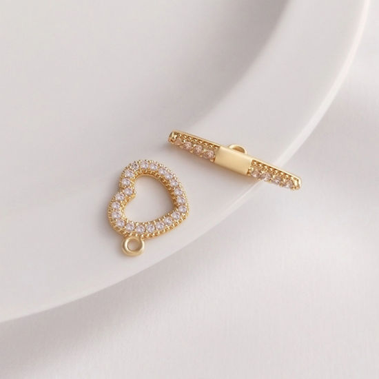 Imagen de 1 Juego Respetuoso del Medio Ambiente Latón Cierres de Palanca Corazón 14K Oro Real Chapado Micro Pave Claro Circón Artificial 20.7mm x 12mm
