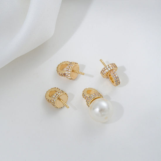 Изображение 2 ШТ Экологичный Латунь Шкентеля Перлы Разъем Бейл Pin Кубок Cap 14K настоящее золото с покрытием Бижутерия усыпанная мелким фианит Прозрачный Искусственный Циркон 14мм x 8мм