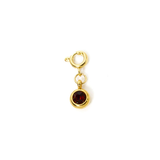 Bild von 1 Stück 304 Edelstahl Monatsstein Charms Anhängerträger für Vintage Armband 18K Vergoldet Rund Januar Mit Federringverschluss Weinrot Strass 20mm x 6.5mm