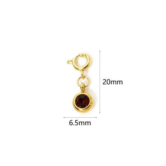 Bild von 1 Stück 304 Edelstahl Monatsstein Charms Anhängerträger für Vintage Armband 18K Vergoldet Rund Januar Mit Federringverschluss Weinrot Strass 20mm x 6.5mm