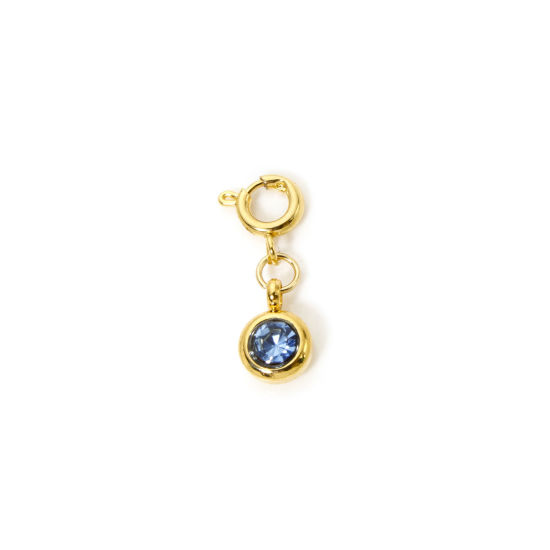 Bild von 1 Stück 304 Edelstahl Monatsstein Charms Anhängerträger für Vintage Armband 18K Vergoldet Rund März Mit Federringverschluss Wasserblau Strass 20mm x 6.5mm