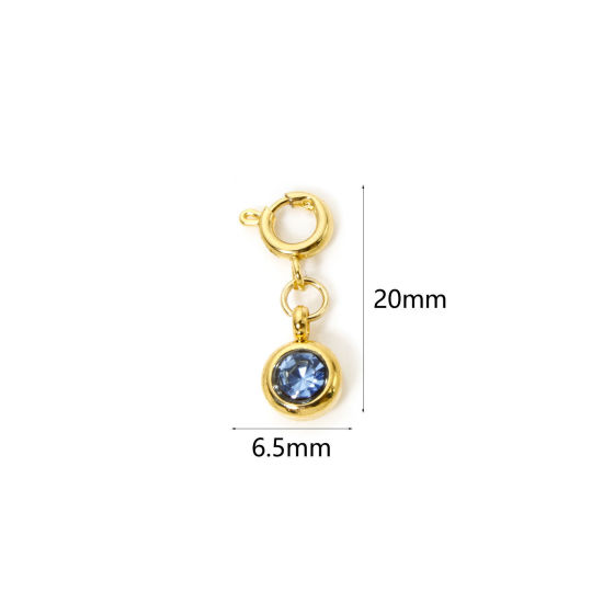 Bild von 1 Stück 304 Edelstahl Monatsstein Charms Anhängerträger für Vintage Armband 18K Vergoldet Rund März Mit Federringverschluss Wasserblau Strass 20mm x 6.5mm