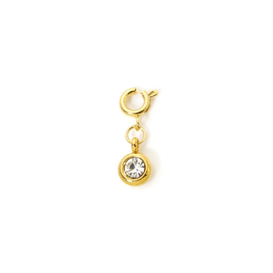 Bild von 1 Stück 304 Edelstahl Monatsstein Charms Anhängerträger für Vintage Armband 18K Vergoldet Rund April Mit Federringverschluss Transparent Strass 20mm x 6.5mm