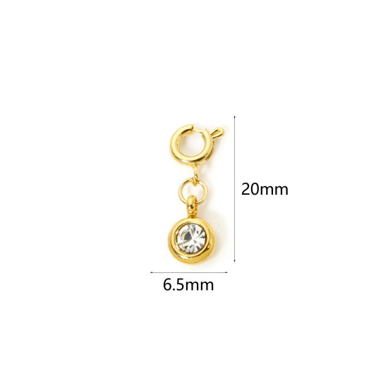 Bild von 1 Stück 304 Edelstahl Monatsstein Charms Anhängerträger für Vintage Armband 18K Vergoldet Rund April Mit Federringverschluss Transparent Strass 20mm x 6.5mm