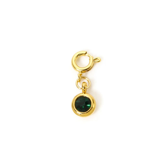 Bild von 1 Stück 304 Edelstahl Monatsstein Charms Anhängerträger für Vintage Armband 18K Vergoldet Rund Mai Mit Federringverschluss Smaragd Strass 20mm x 6.5mm