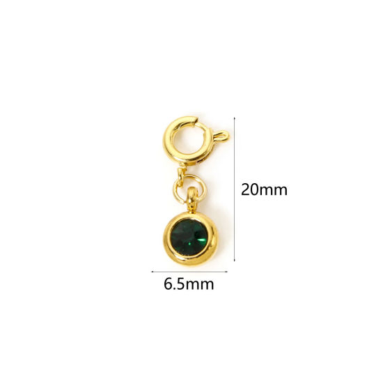 Bild von 1 Stück 304 Edelstahl Monatsstein Charms Anhängerträger für Vintage Armband 18K Vergoldet Rund Mai Mit Federringverschluss Smaragd Strass 20mm x 6.5mm