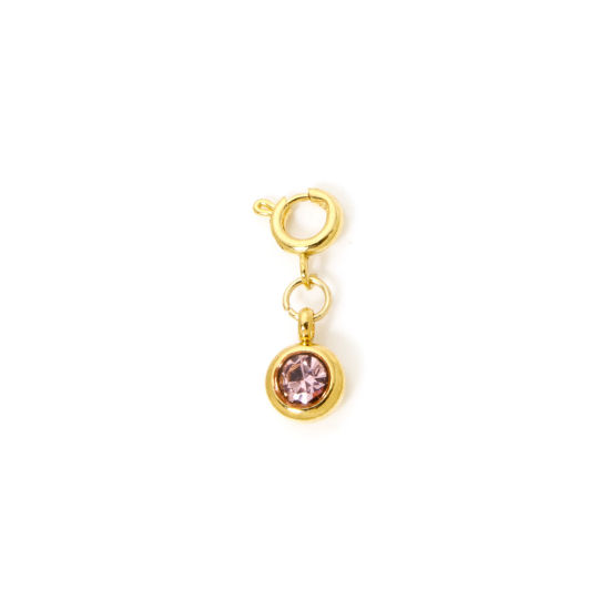 Bild von 1 Stück 304 Edelstahl Monatsstein Charms Anhängerträger für Vintage Armband 18K Vergoldet Rund Juni Mit Federringverschluss Rosa Strass 20mm x 6.5mm