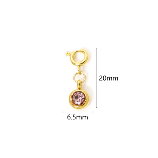 Bild von 1 Stück 304 Edelstahl Monatsstein Charms Anhängerträger für Vintage Armband 18K Vergoldet Rund Juni Mit Federringverschluss Rosa Strass 20mm x 6.5mm