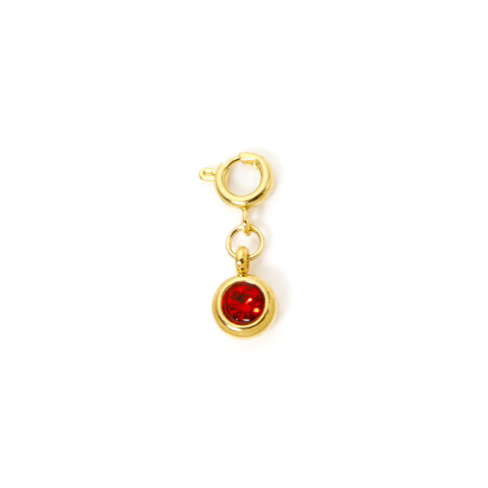 Bild von 1 Stück 304 Edelstahl Monatsstein Charms Anhängerträger für Vintage Armband 18K Vergoldet Rund Juli Mit Federringverschluss Rot Strass 20mm x 6.5mm