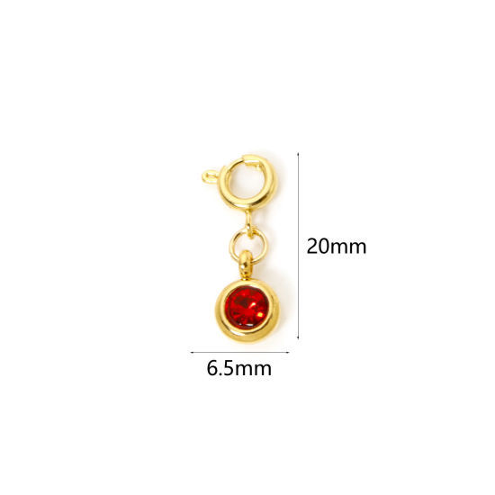 Bild von 1 Stück 304 Edelstahl Monatsstein Charms Anhängerträger für Vintage Armband 18K Vergoldet Rund Juli Mit Federringverschluss Rot Strass 20mm x 6.5mm
