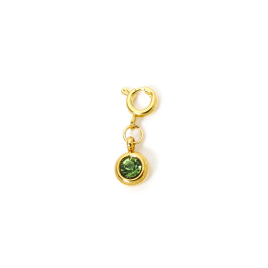 Bild von 1 Stück 304 Edelstahl Monatsstein Charms Anhängerträger für Vintage Armband 18K Vergoldet Rund August Mit Federringverschluss Olivgrün Strass 20mm x 6.5mm