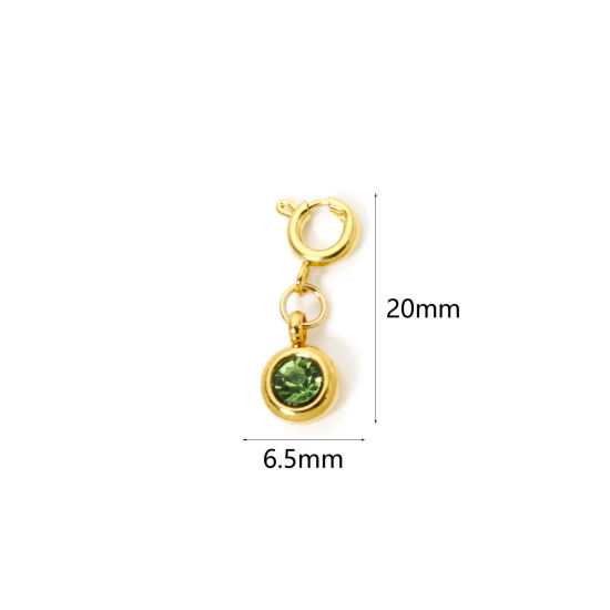Bild von 1 Stück 304 Edelstahl Monatsstein Charms Anhängerträger für Vintage Armband 18K Vergoldet Rund August Mit Federringverschluss Olivgrün Strass 20mm x 6.5mm