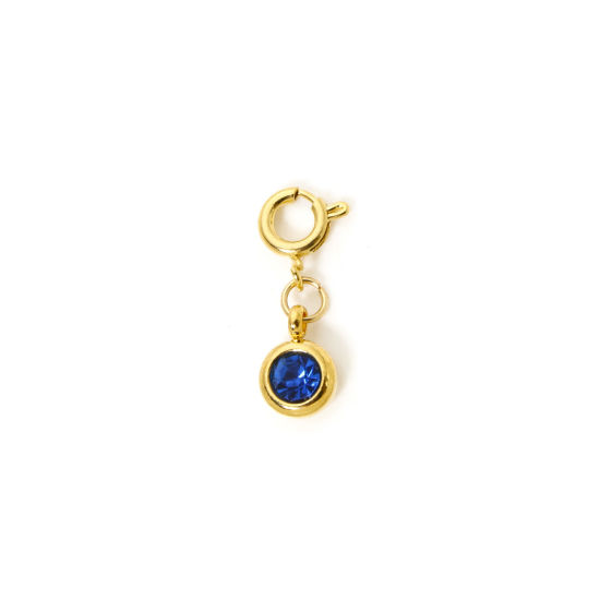 Bild von 1 Stück 304 Edelstahl Monatsstein Charms Anhängerträger für Vintage Armband 18K Vergoldet Rund September Mit Federringverschluss Saphirblau Strass 20mm x 6.5mm