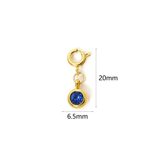 Bild von 1 Stück 304 Edelstahl Monatsstein Charms Anhängerträger für Vintage Armband 18K Vergoldet Rund September Mit Federringverschluss Saphirblau Strass 20mm x 6.5mm