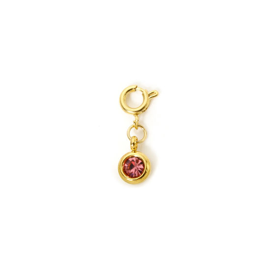 Bild von 1 Stück 304 Edelstahl Monatsstein Charms Anhängerträger für Vintage Armband 18K Vergoldet Rund Oktober Mit Federringverschluss Rosa Strass 20mm x 6.5mm