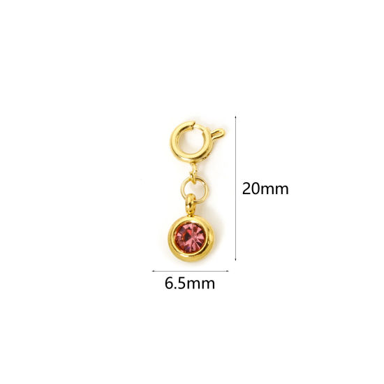 Bild von 1 Stück 304 Edelstahl Monatsstein Charms Anhängerträger für Vintage Armband 18K Vergoldet Rund Oktober Mit Federringverschluss Rosa Strass 20mm x 6.5mm