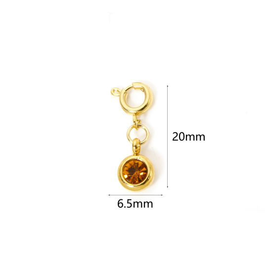 Bild von 1 Stück 304 Edelstahl Monatsstein Charms Anhängerträger für Vintage Armband 18K Vergoldet Rund November Mit Federringverschluss Sektfarben Strass 20mm x 6.5mm