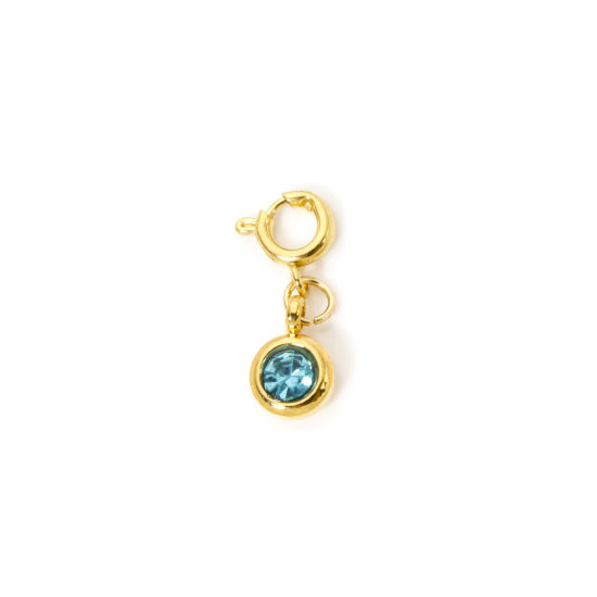 Bild von 1 Stück 304 Edelstahl Monatsstein Charms Anhängerträger für Vintage Armband 18K Vergoldet Rund Dezember Mit Federringverschluss Hellblau Strass 20mm x 6.5mm
