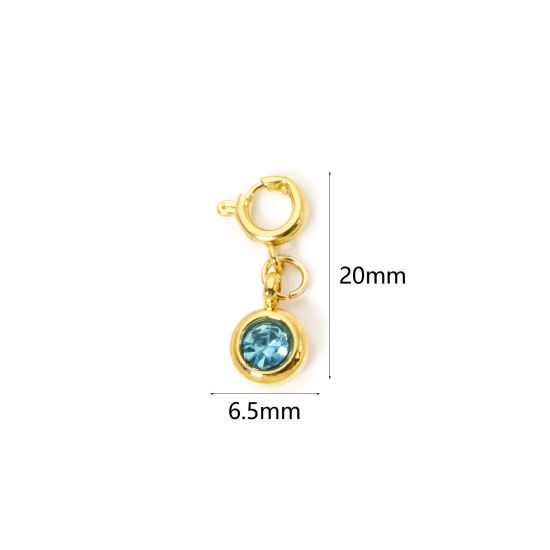 Bild von 1 Stück 304 Edelstahl Monatsstein Charms Anhängerträger für Vintage Armband 18K Vergoldet Rund Dezember Mit Federringverschluss Hellblau Strass 20mm x 6.5mm