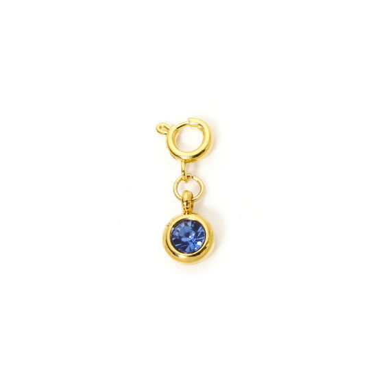 Bild von 1 Stück 304 Edelstahl Monatsstein Charms Anhängerträger für Vintage Armband 18K Vergoldet Rund Mit Federringverschluss Blau Strass 20mm x 6.5mm