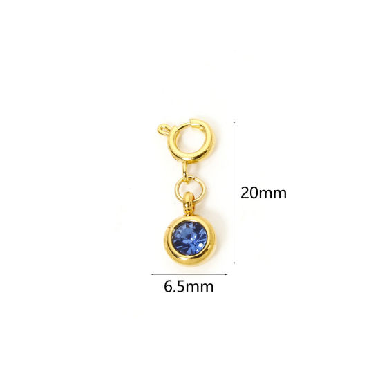Bild von 1 Stück 304 Edelstahl Monatsstein Charms Anhängerträger für Vintage Armband 18K Vergoldet Rund Mit Federringverschluss Blau Strass 20mm x 6.5mm