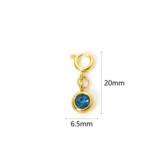 Bild von 1 Stück 304 Edelstahl Monatsstein Charms Anhängerträger für Vintage Armband 18K Vergoldet Rund Mit Federringverschluss Cyan Strass 20mm x 6.5mm
