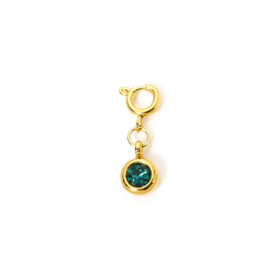 Bild von 1 Stück 304 Edelstahl Monatsstein Charms Anhängerträger für Vintage Armband 18K Vergoldet Rund Mit Federringverschluss Pfau Grün Strass 20mm x 6.5mm