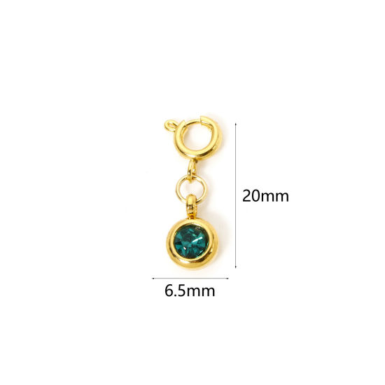 Bild von 1 Stück 304 Edelstahl Monatsstein Charms Anhängerträger für Vintage Armband 18K Vergoldet Rund Mit Federringverschluss Pfau Grün Strass 20mm x 6.5mm