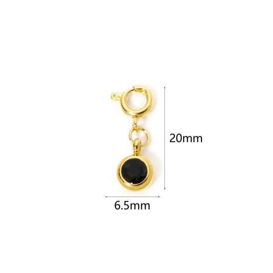 Bild von 1 Stück 304 Edelstahl Monatsstein Charms Anhängerträger für Vintage Armband 18K Vergoldet Rund Mit Federringverschluss Schwarz Strass 20mm x 6.5mm