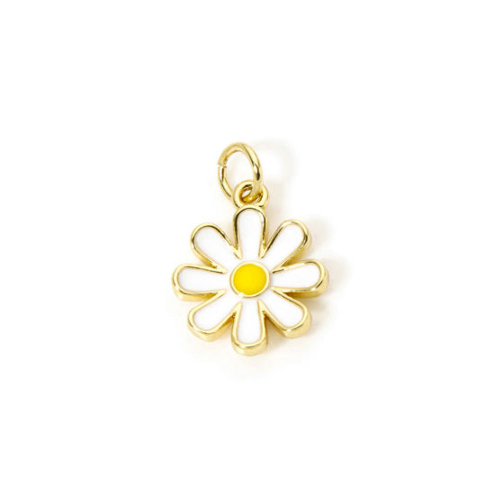 Picture of 2 PCs Eco-friendly Brass Charms 18K Real Gold Plated White Daisy Flower Enamel 18mm x 12mm