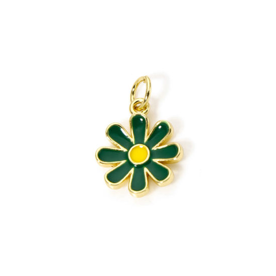 Picture of 2 PCs Eco-friendly Brass Charms 18K Real Gold Plated Green Daisy Flower Enamel 18mm x 12mm