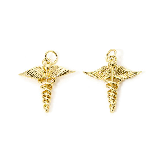 Imagen de 2 Unidades Respetuoso del Medio Ambiente Latón Médico Colgantes 18K Oro Real Chapado Alerta Médica ID Caduceo Hueco 23mm x 19.5mm