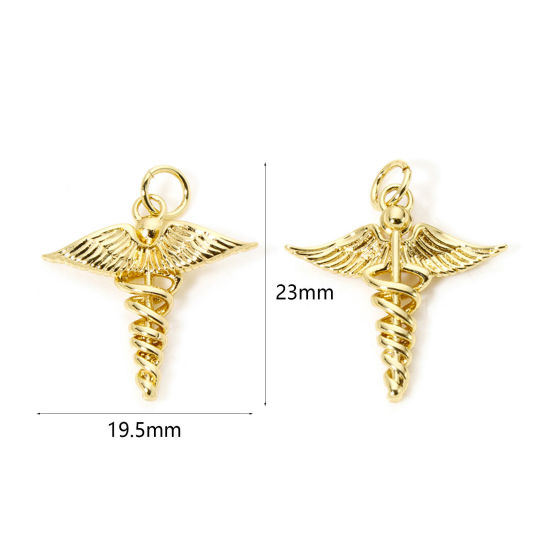 Imagen de 2 Unidades Respetuoso del Medio Ambiente Latón Médico Colgantes 18K Oro Real Chapado Alerta Médica ID Caduceo Hueco 23mm x 19.5mm