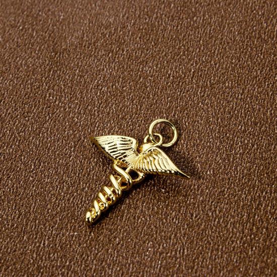Imagen de 2 Unidades Respetuoso del Medio Ambiente Latón Médico Colgantes 18K Oro Real Chapado Alerta Médica ID Caduceo Hueco 23mm x 19.5mm