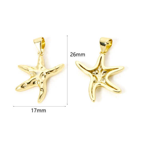 Bild von 2 Stück Umweltfreundlich Messing Ozean Schmuck Charm-Anhänger 18K Echtgold plattiert Seesterne 26mm x 17mm