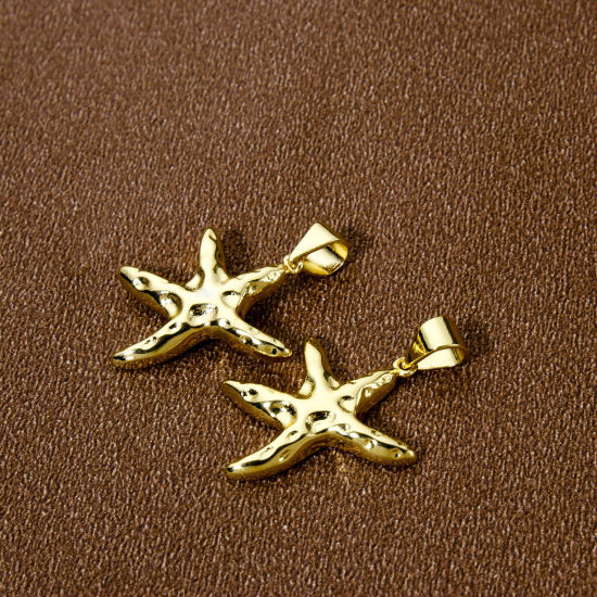 Bild von 2 Stück Umweltfreundlich Messing Ozean Schmuck Charm-Anhänger 18K Echtgold plattiert Seesterne 26mm x 17mm