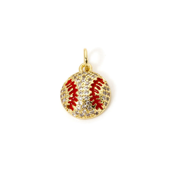 Picture of 1 Piece Eco-friendly Brass Sport Charms 18K Real Gold Plated Red Baseball Enamel Clear Cubic Zirconia 16mm x 11mm