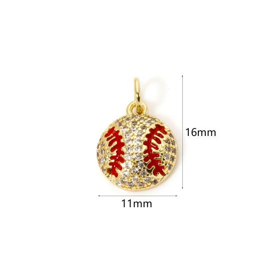 Picture of 1 Piece Eco-friendly Brass Sport Charms 18K Real Gold Plated Red Baseball Enamel Clear Cubic Zirconia 16mm x 11mm