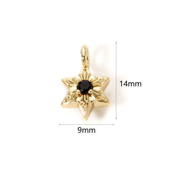 Picture of 2 PCs Eco-friendly Brass Religious Charms 18K Real Gold Plated Star Of David Hexagram Black Rhinestone 14mm x 9mm